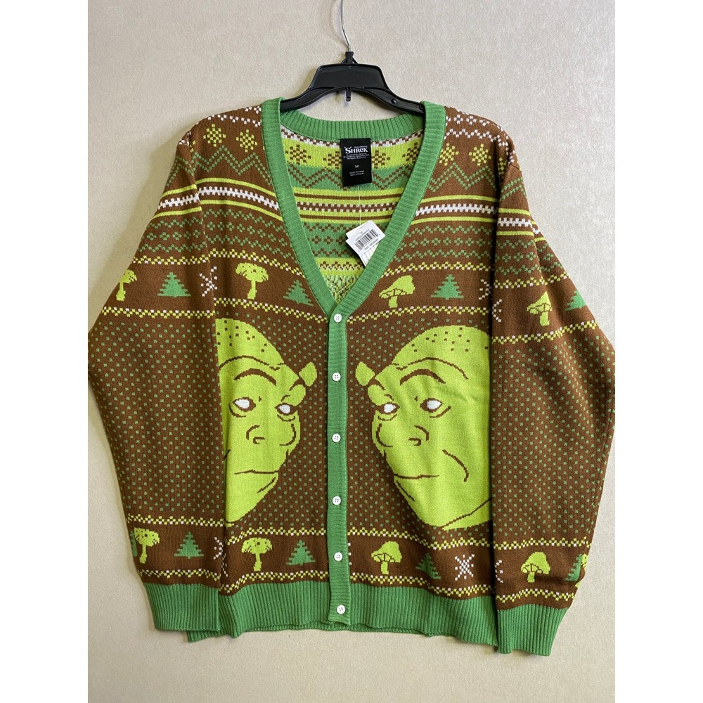 Dreamworks Shrek Fair Isle Mushroom Graphic Knit Cardigan Sweater Brown Green M
